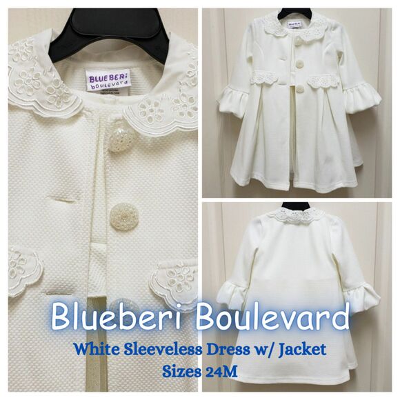 Blueberi Boulevard Other - Blueberi Boulevard Baby Girl Bundle White Sleeveless Dress w/ Jacket Sizes 24M
